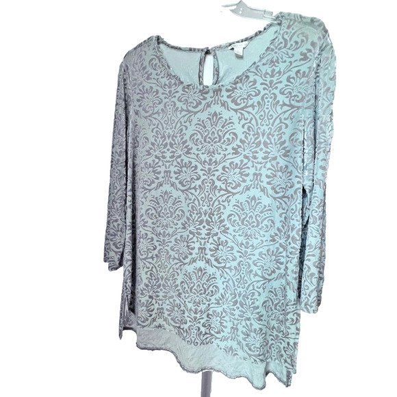 Velvet Burnout Tunic Womens Large  Blouse Top Green Silver Boho Classic Fairy - Picture 1 of 10
